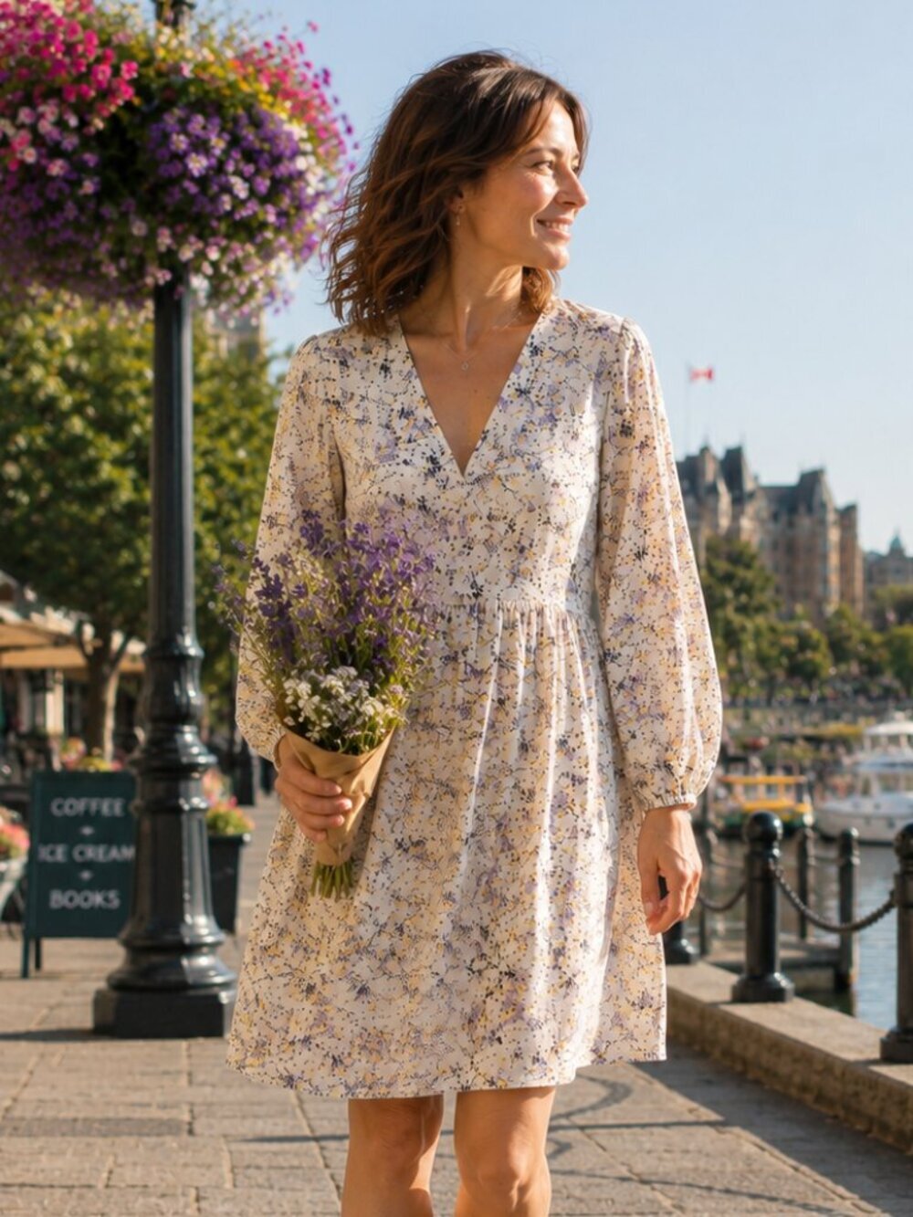 Minimum Floral Long Sleeve Mini Dress Cream Purple V Neck Relaxed Fit Viscose - Picture 2 of 12
